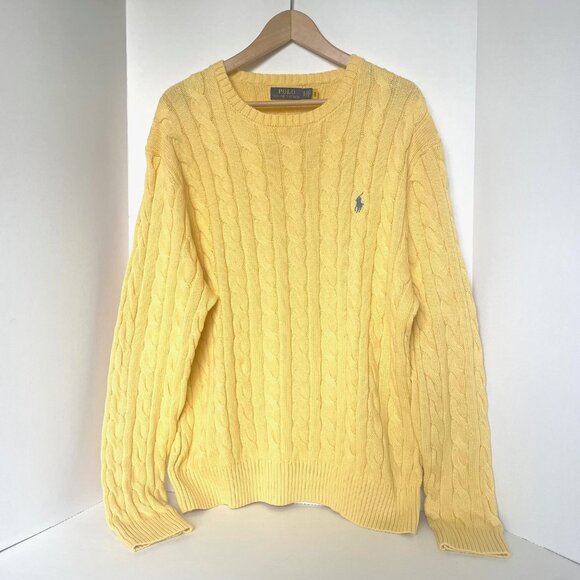 Polo Ralph Lauren Mens XL Yellow Cable Knit Cotton Crewneck Sweater Pony NWOT - Picture 2 of 9